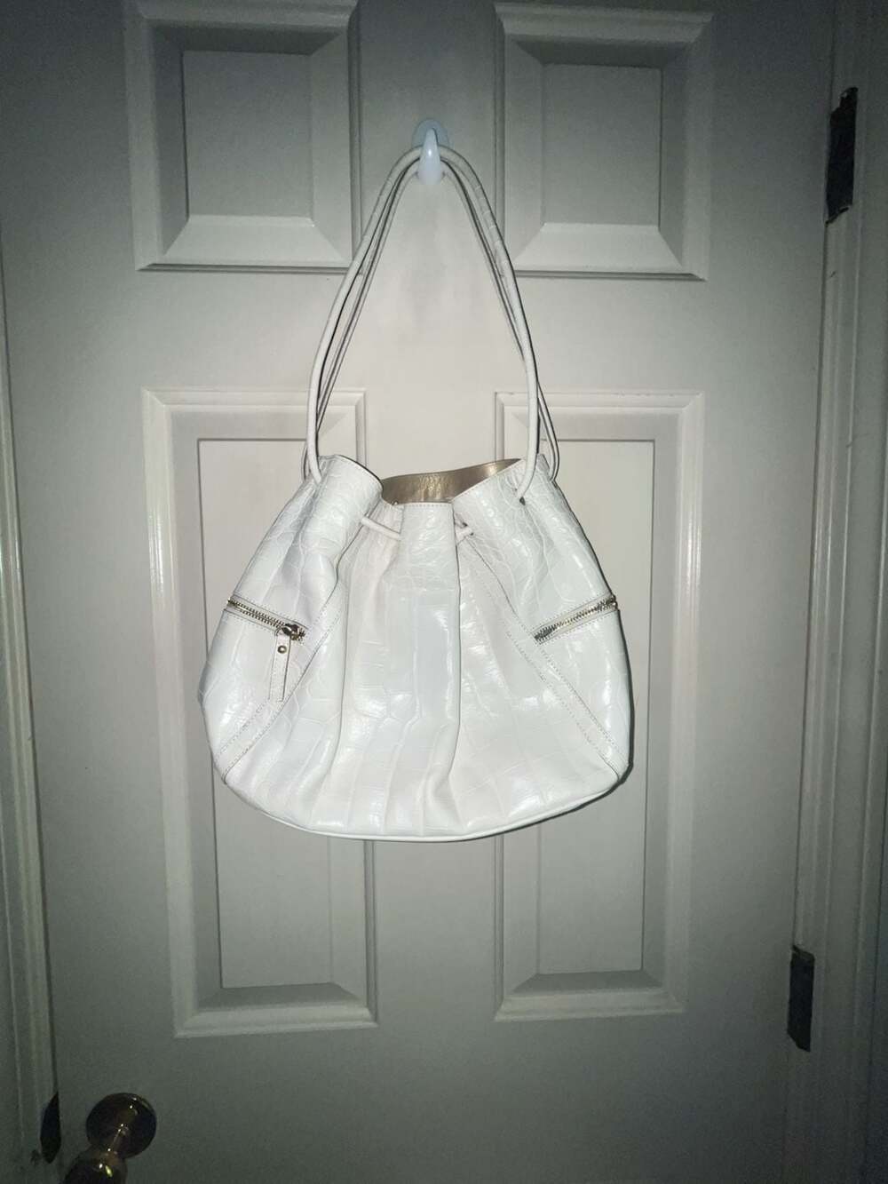 Brahmin White Croc Embossed Leather Bucket Bag